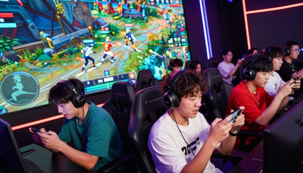 A dynamic scene showcasing competitive multiplayer games in action. In the foreground, a diverse group of gamers, dressed in colorful, casual attire, intensely focus on their mobile devices, immersed in gameplay. Their expressions reflect excitement and concentration. In the middle ground, a vibrant digital arena with glowing game interfaces, showcasing fast-paced action and teamwork elements, such as players coordinating in a virtual environment. The background features a vivid, futuristic landscape illuminated by neon lights and large screens displaying game scores and animations. The atmosphere is electric, filled with energy and competition. Use a dramatic angle from slightly above to capture the camaraderie and excitement, with a focus on vivid colors and sharp details to enhance the intensity of the scene.