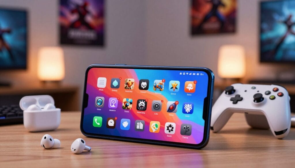 A modern mobile device is at the forefront of the image, showcasing a vibrant screen filled with colorful game icons. The phone is sleek and stylish, with a high-end design that reflects the latest tech trends. In the middle ground, an assortment of gaming accessories—like wireless earbuds and a gaming controller—surround the phone, hinting at an immersive gaming experience. The background features a cozy gaming setup with soft ambient lighting, such as a subtle glow from a nearby lamp and a few game-related posters on the walls. The atmosphere feels inviting and energizing, conveying a sense of excitement about mobile gaming choices. The scene is well-lit, emphasizing the details of the mobile device, while maintaining a focus on the gaming theme, without any distractions or text overlays.