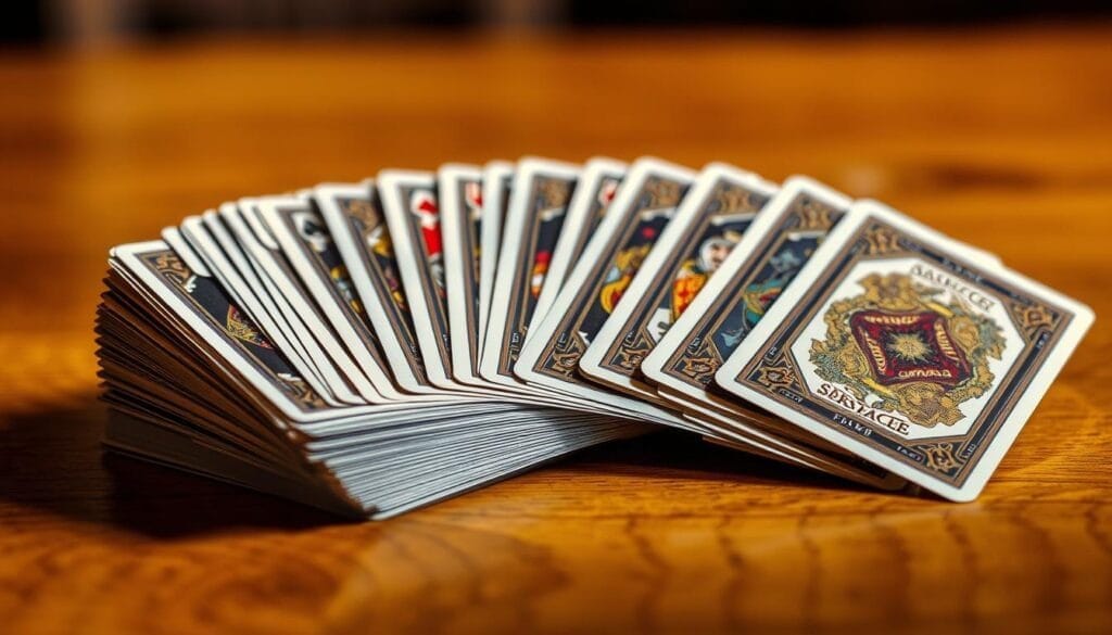 A neatly arranged discard pile rests on a wooden table, illuminated by warm, soft lighting. The cards are fanned out, revealing their intricate designs and vibrant colors, as if awaiting their next player to make a move. The background is blurred, creating a sense of focus on the cards themselves, inviting the viewer to consider the strategic choices between the draw pile and the discard pile in the Garbage card game.