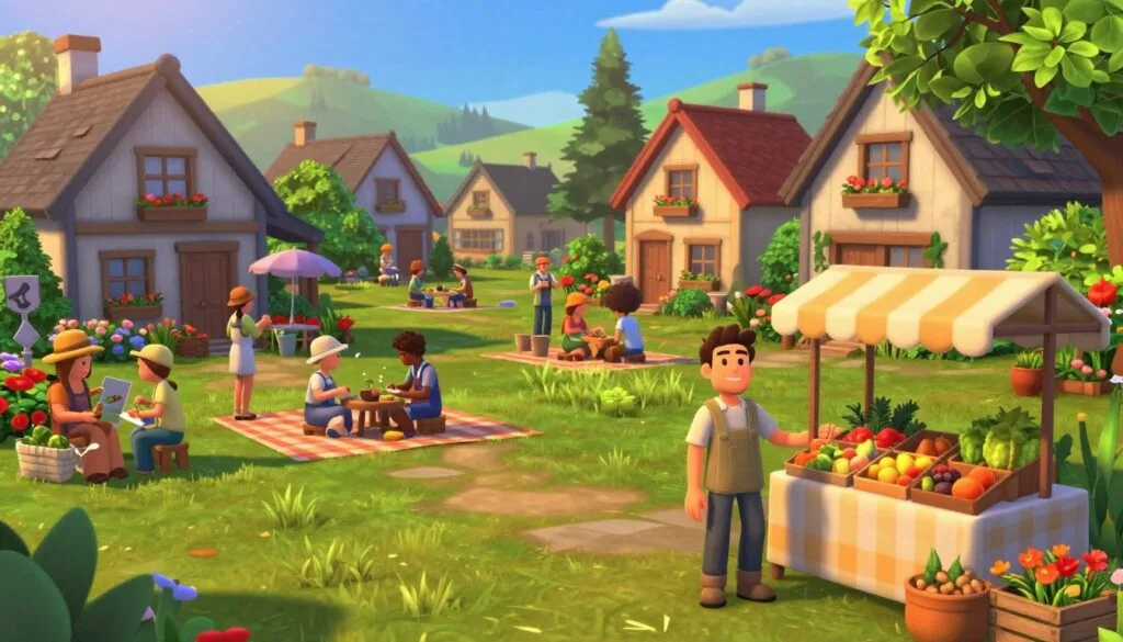 A picturesque cozy sim world, featuring a charming village with quaint houses adorned with flower boxes and lush greenery. In the foreground, a friendly character in modest casual clothing stands next to a colorful market stall filled with fresh produce, offering a warm smile. The middle ground showcases villagers engaging in leisurely activities, like gardening and painting, surrounded by vibrant flowers and inviting picnic areas. The background reveals rolling hills and a clear blue sky, lit by soft golden sunlight, creating a serene and inviting atmosphere. Use a wide-angle lens for a panoramic view that captures the essence of community and creativity, evoking feelings of warmth, nostalgia, and joy in a playful, story-led environment.