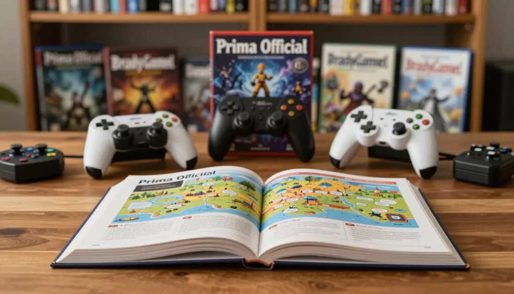 A polished, professional cover for "Prima Official" featuring an open guidebook on a stylish wooden desk in the foreground. The guidebook displays detailed, colorful maps and game tips, emphasizing a fantasy RPG theme. In the middle, a pair of game controllers and some iconic video game merchandise are artfully arranged. The background shows a blurred bookshelf filled with various video game guidebooks, including titles from BradyGames, creating a sense of depth. Soft, warm lighting illuminates the scene, highlighting the textures of the book and desk. The atmosphere feels inviting and nostalgic, appealing to passionate players. The focus is on showcasing the importance of these gaming guides in the world of video games, with a shallow depth of field to keep the attention on the guidebook and accessories.
