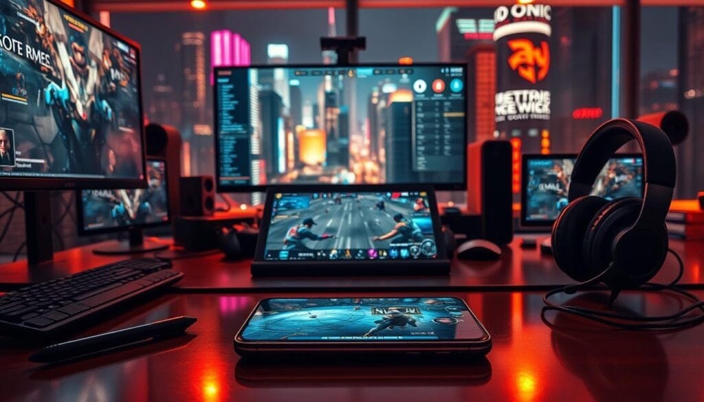 A pro gamer's mobile setup with phone, peripherals, and monitors