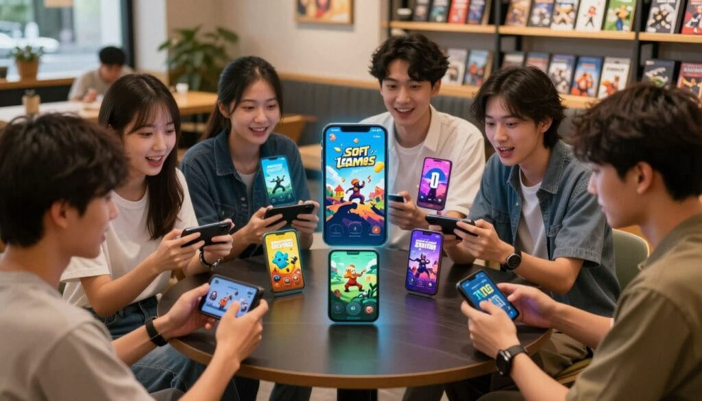 A vibrant and dynamic scene highlighting the concept of "soft launch games" for mobile devices. In the foreground, a group of young adults, dressed in smart casual attire, are gathered around a sleek coffee table with smartphones in hand, actively engaged in gaming. Their expressions are focused and excited. In the middle ground, various mobile game icons and vivid graphics are displayed, representing diverse genres—action, puzzle, and adventure games. The background features a cozy café setting with soft, warm lighting that creates an inviting atmosphere, accentuated by blurred shelves filled with game-related merchandise. The angle captures a slight overhead view, enhancing the immersive feel of the gaming experience. The overall mood is energetic and trendy, showcasing the thrill of discovering new games before their global release.