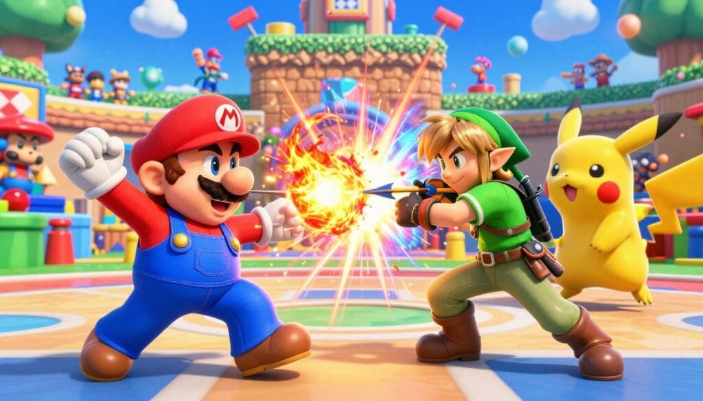 A vibrant and dynamic scene showcasing a Super Smash Bros. Ultimate battle, featuring iconic characters such as Mario, Link, and Pikachu, engaging in an epic, action-packed fight in a colorful arena. In the foreground, Mario throws a fireball while Link prepares to launch an arrow, both displaying intense expressions of determination. The middle ground includes a clash of energy blasts and dynamic impacts, creating a sense of motion and excitement. The background features a lively, animated setting inspired by classic game stages, with bright colors and cheering crowds. The lighting is dramatic, with spotlights highlighting the characters and a slight lens flare to enhance the action. The overall mood is energetic and festive, evoking the thrill of multiplayer gaming and unforgettable fun.