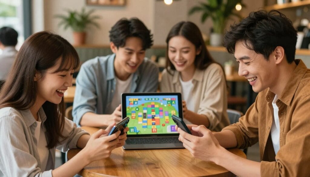 A vibrant and engaging scene depicting a diverse group of people enjoying casual mobile games together in a cozy café setting. In the foreground, a young woman and a man laugh as they compete on their smartphones, both dressed in comfortable casual clothing. In the middle ground, a couple is focused on a tablet, showcasing their teamwork in a colorful puzzle game. The background features a warm, inviting café atmosphere with soft lighting, wooden tables, and potted plants, enhancing the cozy vibe. The overall mood is light-hearted and fun, emphasizing the excitement and community of casual gaming. The image should be captured with a slightly blurred background to highlight the players and create depth, using natural light to add warmth to the scene.