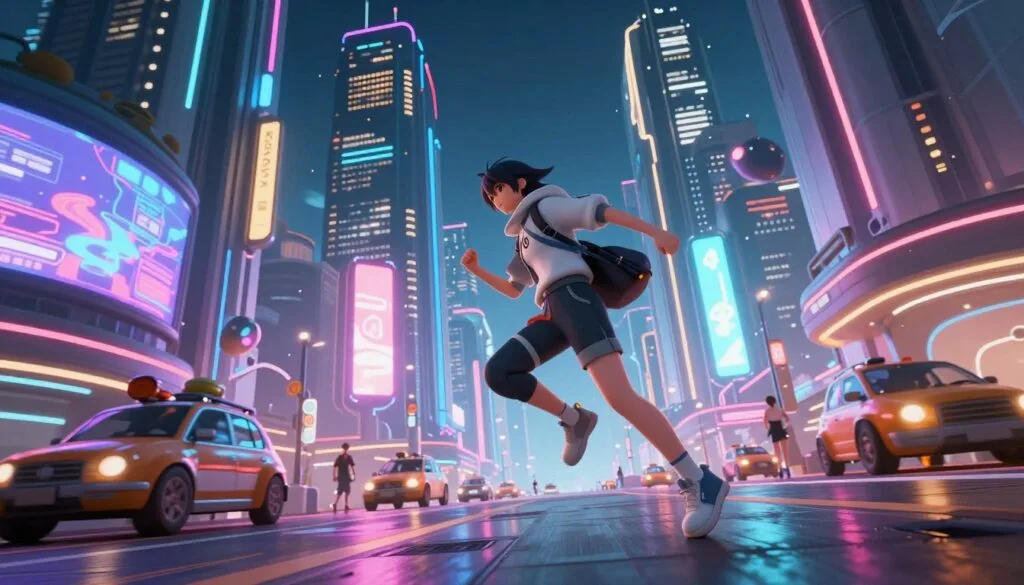 A vibrant and futuristic scene from "Zenless Zone Zero," showcasing an energetic urban landscape filled with neon lights and sleek architectural designs. In the foreground, a stylized character wearing modern, minimalist clothing is engaged in dynamic movement, suggesting action and adventure. The middle of the composition features bustling streets with various unique vehicles and holographic advertisements, adding depth and activity to the scene. The background showcases towering skyscrapers with bright, colorful lights illuminating the night sky, casting a lively ambiance. Use dramatic lighting that highlights the character's features and creates engaging reflections on surfaces. Capture the mood of excitement and exploration in this immersive world. Aim for a slightly angled perspective to enhance the sense of movement and energy.