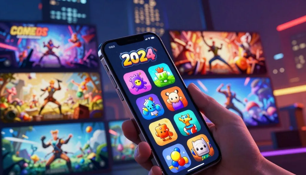 A vibrant collage showcasing the best mobile games of 2024. In the foreground, a smartphone displaying colorful game icons, prominently featuring action, puzzle, and adventure games. The middle ground includes dynamic game scenes, illustrating characters in exciting battle and exploration moments, bursting with color and energy. The background consists of a blurred cityscape at night, illuminated by colorful lights, suggesting a lively gaming culture. Soft, ambient lighting enhances the atmosphere, creating a sense of excitement and anticipation. Capture the visual essence of mobile gaming with a sleek, modern aesthetic, highlighting both the technology and the immersive worlds within these games. Use a slightly angled perspective for dramatic effect, making the smartphone the focal point, inviting players to dive into these latest hits.