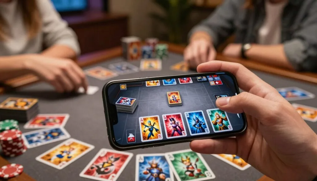 A vibrant scene depicting a lively card game being played on a sleek mobile device. In the foreground, a hand holds the smartphone, showcasing colorful and detailed card designs on the screen, reflecting various character types and unique abilities. The middle ground features a well-organized table with a few card decks, scattered tokens, and a dimly lit ambiance that adds to the focus on the gameplay. In the background, a soft blur reveals a cozy setting, with friends engaged in light-hearted conversation, creating a warm and competitive mood. The lighting is soft yet bright enough to highlight the device and cards, with a shallow depth of field to draw attention to the action.
