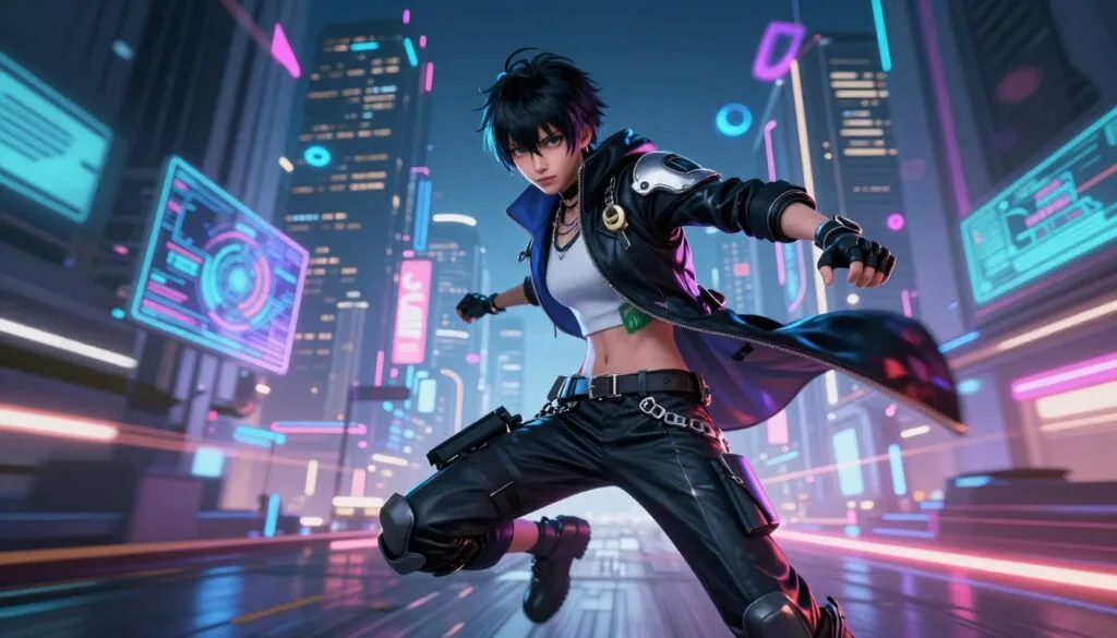 A vibrant scene inspired by the aesthetics of "Zenless Zone Zero," featuring a futuristic urban environment with dynamic action. In the foreground, a stylish character clad in sleek, high-tech combat attire strikes a dramatic pose, exuding confidence and agility. The middle ground showcases a bustling cityscape with neon lights and holographic displays, creating an energetic atmosphere. In the background, towering skyscrapers and a night sky filled with abstract shapes add depth and heighten the sense of speed and adventure. The lighting is dramatic, with neon glows illuminating the scene and casting reflections on the character’s attire. The overall mood is fast-paced and modern, capturing the thrill of action RPG gameplay while maintaining a safe and professional look.