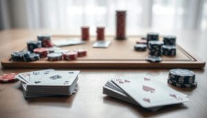 A well-lit tabletop scene featuring a deck of playing cards, poker chips, and various gaming accessories neatly arranged in the foreground. The middle ground showcases a wooden game board or table, with a clean, uncluttered surface and a subtle vignette effect drawing the viewer's attention to the central setup. The background is softly blurred, creating a sense of depth and focus on the main elements. The overall composition conveys a sense of organization, simplicity, and an inviting atmosphere for a casual card game session.