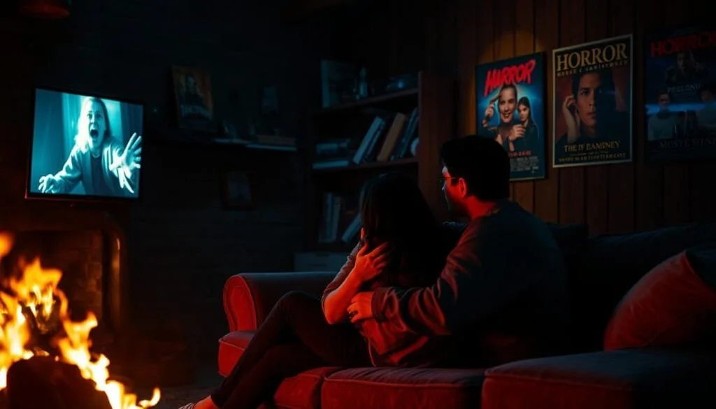 Couple cuddled on a sofa watching a spooky game or show—perfect horror-night vibe.