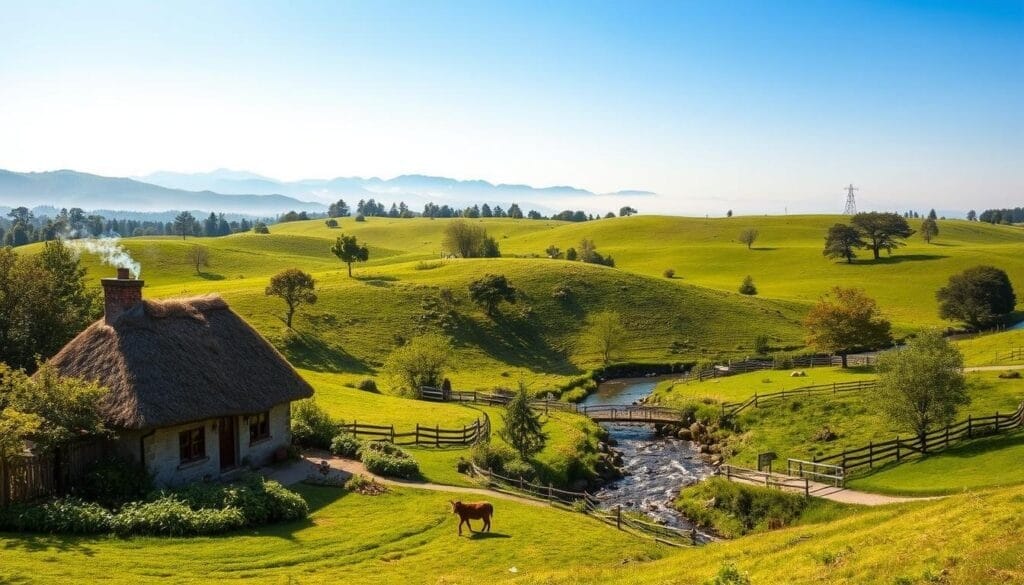 Cozy rural landscape with cottage, garden, and stream — the vibe of calm co-op worlds.