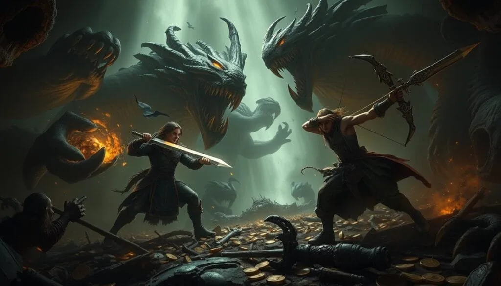 Two players battling monsters and collecting loot in a high-energy cooperative action scene.