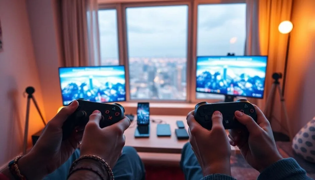 Two players using controllers, laptop, and phones for long-distance co-op sessions.