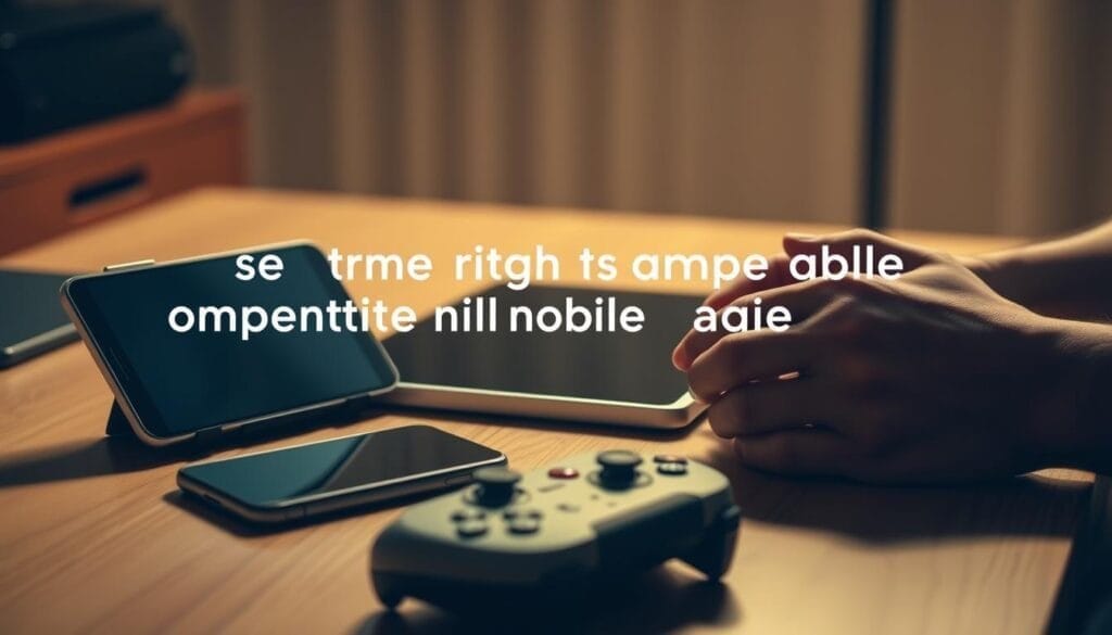 Workspace with smartphone, tablet, and controller for choosing games