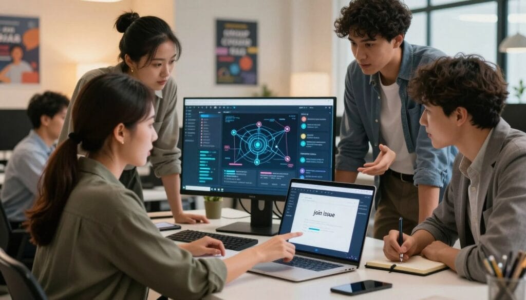 A digital workspace scene illustrating a diverse team of four people troubleshooting a computer together. In the foreground, a focused woman in smart casual attire points at a laptop displaying a "join issue" notification. Beside her, a man in business casual is taking notes, while another person, dressed in professional gear, gestures as they discuss solutions. In the middle ground, a large monitor shows a bright dashboard with various group raid options, highlighting connectivity issues in an eye-catching way. The background features a modern office with warm lighting and motivational posters about teamwork and problem-solving. The atmosphere is collaborative and energetic, emphasizing a quick resolution to technical challenges. A digital workspace scene illustrating a diverse team of four people troubleshooting a computer together. In the foreground, a focused woman in smart casual attire points at a laptop displaying a "join issue" notification. Beside her, a man in business casual is taking notes, while another person, dressed in professional gear, gestures as they discuss solutions. In the middle ground, a large monitor shows a bright dashboard with various group raid options, highlighting connectivity issues in an eye-catching way. The background features a modern office with warm lighting and motivational posters about teamwork and problem-solving. The atmosphere is collaborative and energetic, emphasizing a quick resolution to technical challenges.