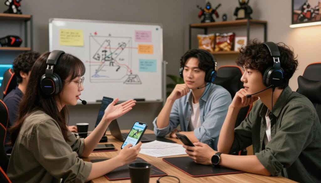 A diverse group of four friends gathered around a table, enthusiastically discussing plans for their next raid in a cozy, well-lit game room. In the foreground, a young woman with glasses and a gaming headset animatedly gestures while holding a smartphone, displaying the raid app. Beside her, a man in a casual button-up shirt and jeans leans back in his chair, thoughtfully considering strategies. In the middle, a whiteboard filled with notes and diagrams is partially visible, showcasing teamwork and organization. The background features shelves filled with gaming memorabilia and snacks, contributing to a relaxed and engaging atmosphere. Soft, warm lighting highlights the camaraderie, creating an inviting and inspiring mood for teamwork and collaboration. The image captures the essence of friendship and strategic planning in gaming, with no text or distractions. A diverse group of four friends gathered around a table, enthusiastically discussing plans for their next raid in a cozy, well-lit game room. In the foreground, a young woman with glasses and a gaming headset animatedly gestures while holding a smartphone, displaying the raid app. Beside her, a man in a casual button-up shirt and jeans leans back in his chair, thoughtfully considering strategies. In the middle, a whiteboard filled with notes and diagrams is partially visible, showcasing teamwork and organization. The background features shelves filled with gaming memorabilia and snacks, contributing to a relaxed and engaging atmosphere. Soft, warm lighting highlights the camaraderie, creating an inviting and inspiring mood for teamwork and collaboration. The image captures the essence of friendship and strategic planning in gaming, with no text or distractions.