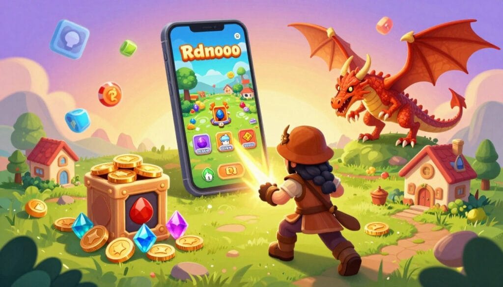 A dynamic and vibrant digital illustration representing the best idle games for Android. In the foreground, showcase an engaging scene featuring iconic elements from various genres: a whimsical clicker with colorful coins and gems, an adventurous RPG character battling a fierce dragon, and a cozy simulation scene with lush landscapes and charming homes. In the middle ground, integrate a lively mobile device displaying a game screen with attractive graphics. The background should depict a bright and enchanting gaming universe filled with floating icons and abstract patterns that reflect excitement. Utilize warm, inviting lighting to create a cheerful atmosphere, with a slightly angled aerial perspective to enhance depth. The overall mood should be fun, energetic, and appealing, drawing viewers into the world of idle gaming.