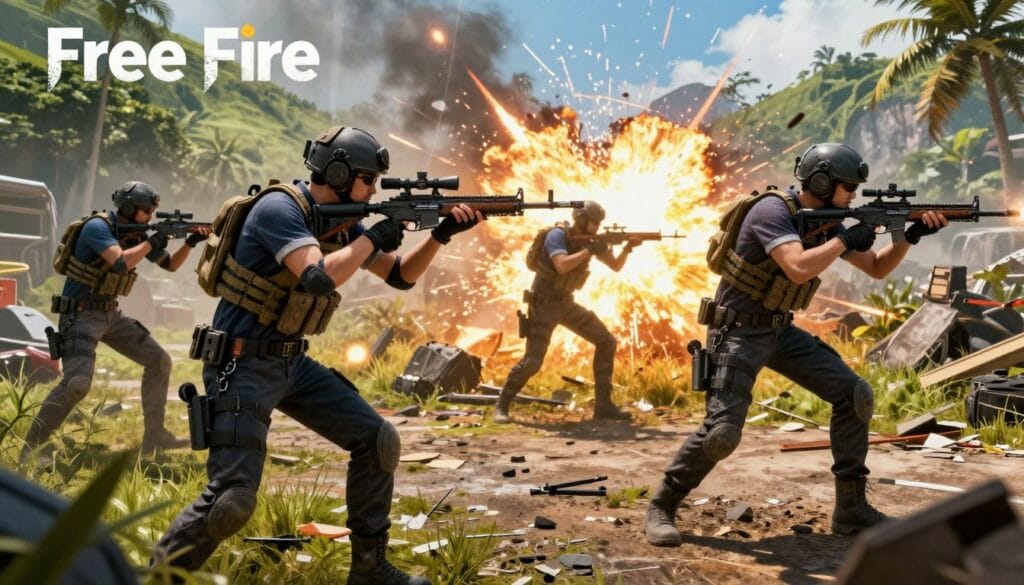A dynamic scene capturing the essence of "Free Fire," featuring a diverse group of four characters engaged in an intense firefight on a vibrant, tropical battlefield. In the foreground, showcase two characters in professional battle attire, aiming their weapons, one with a sniper rifle and the other with an assault rifle, both displaying determination. The middle ground includes scattered debris and tactical gear, with an explosion illuminating the scene. In the background, depict lush green hills and a blue sky, creating a stark contrast with the intense action. Soft, dramatic lighting enhances the mood, casting shadows that heighten the sense of urgency. The image should evoke an adrenaline-pumping atmosphere, reflecting fast-paced action and strategic gameplay.