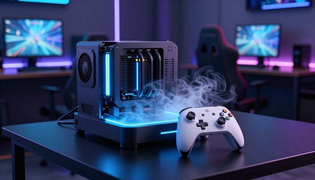 A futuristic gaming room with a focus on cooling technology, showcasing an advanced iOS gaming controller surrounded by a high-tech cooling system. In the foreground, the sleek controller is placed on a glossy black surface, illuminated by cool blue LED lights that highlight its design. The middle layer features a stylized cooling unit with visible ventilators and liquid cooling tubes, giving off an ethereal mist. In the background, a stylish gaming setup with ambient lighting creates an immersive atmosphere, emphasizing modern technology. The room is dimly lit, enhancing the cool colors, while a soft glow emanates from screens displaying gameplay. The overall mood is dynamic yet calm, reflecting the importance of cooling in prolonged gaming sessions.