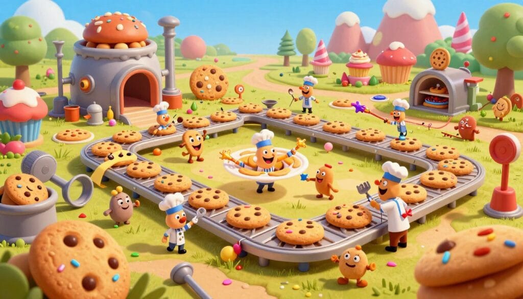 A vibrant and colorful representation of a classic clicker game, inspired by "Cookie Clicker." In the foreground, a whimsical cookie factory with giant cookies, sprinkles, and oversized baking tools. Lively characters, such as cheerful bakers and animated cookie creatures, excitedly engage in cookie production and collection. The middle ground features conveyor belts filled with moving cookies and upgrades like automatic bakers and magic wands granting bonuses. In the background, a bright, cartoonish landscape dotted with cookie-themed structures, like cupcake mountains and candy cane trees, under a sunny sky. The overall mood is playful and engaging, with warm lighting highlighting the joyful atmosphere, captured through a slightly elevated angle to provide a comprehensive view of the enchanting cookie empire.