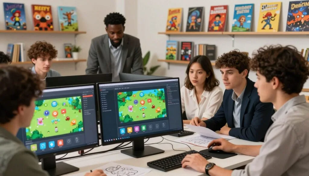 A vibrant and engaging digital workspace featuring a computer screen displaying a user-friendly game development interface for creating 2D games without coding. In the foreground, colorful icons and tools are scattered around the desk, representing no-code functionalities. In the middle, a diverse group of focused individuals, dressed in professional attire, collaboratively discussing their game ideas, with sketches and notes spread out. The background is filled with shelves showcasing popular 2D game art styles and design books, implying creativity and inspiration. Soft, warm lighting bathes the scene to create a welcoming atmosphere, while a slight depth of field emphasizes the team’s engagement. The overall mood is energetic and innovative, inviting beginners to explore their game-making potential without technical barriers.