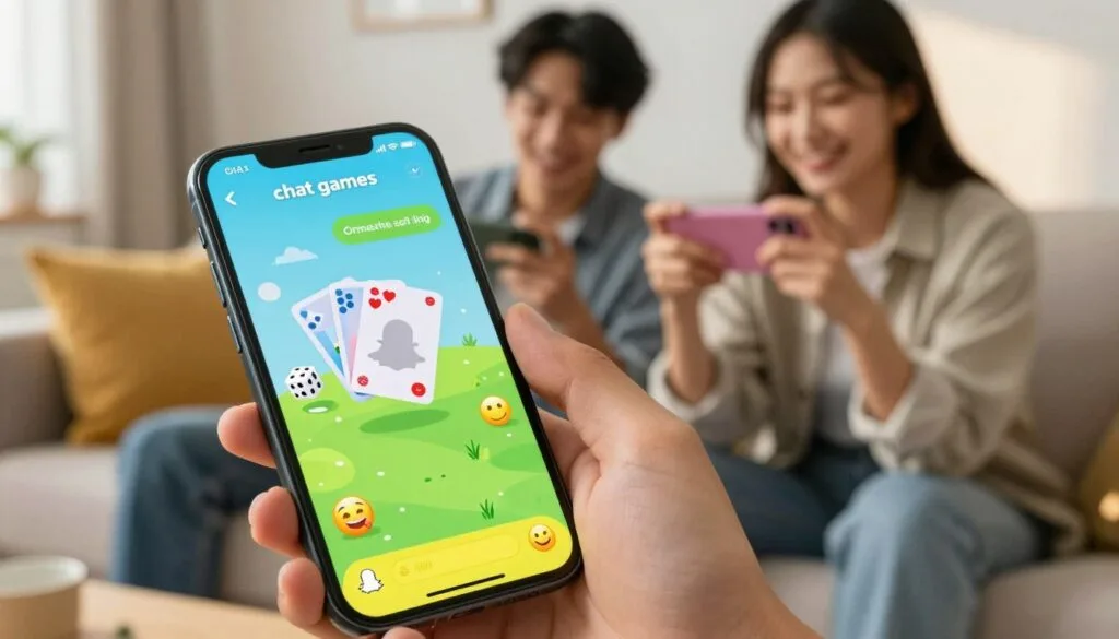 A vibrant and engaging scene depicting "chat games" on a smartphone interface. In the foreground, a sleek smartphone displays a colorful chat interface featuring playful icons and game elements, like cards, dice, and emojis. The middle ground features two friends sitting together on a cozy couch, each holding their own smartphone, both dressed in casual yet stylish clothing, fully engaged in the gaming experience. The background is a soft-focus living room with warm lighting, highlighting a few playful decorations and a hint of afternoon sunlight streaming through a window. The atmosphere is cheerful and relaxed, inviting viewers to feel the excitement and camaraderie of playing games through chat on Snapchat.