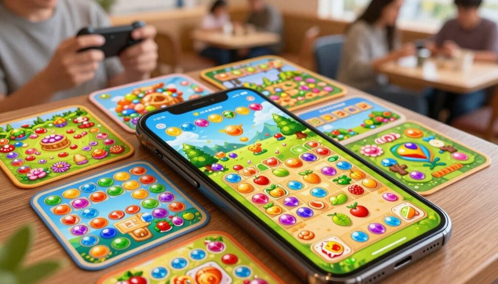 A vibrant and engaging scene depicting various popular mobile puzzle and match-three games on a smartphone screen, prominently placed in the foreground. The smartphone displays colorful, animated game elements like gems, fruits, and intricate puzzle pieces in action. Surrounding the phone, visually captivating representations of various game environments—like candy-filled landscapes, jewel mines, and flower gardens—create a dynamic middle ground. In the background, a stylish, blurred café setting hints at people enjoying gaming on their devices. Bright, warm lighting enhances the cheerful and playful atmosphere, evoking excitement and fun. The angle is slightly tilted, creating depth, and inviting viewers into the engaging world of mobile puzzle games.