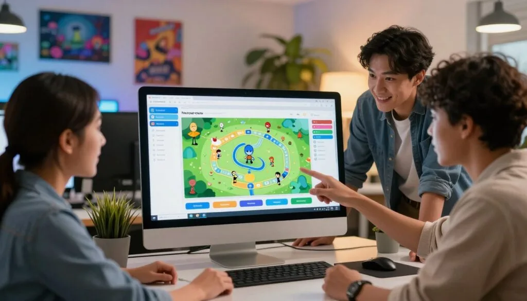 A vibrant, colorful workspace featuring a computer screen displaying an interactive no-code game creation interface. In the foreground, a diverse group of three professionals—two women and one man—are collaborating enthusiastically, dressed in smart casual attire, pointing at the screen and sharing ideas. The middle layer shows the user-friendly interface filled with drag-and-drop elements, characters, and a creative game map. In the background, a cozy office environment with plants, inspirational posters related to game design, and soft ambient lighting creating a warm atmosphere. The scene captures a sense of innovation and excitement, illustrating the ease and accessibility of no-code game development, with a depth of field effect focusing on the creators and their collaborative energy.