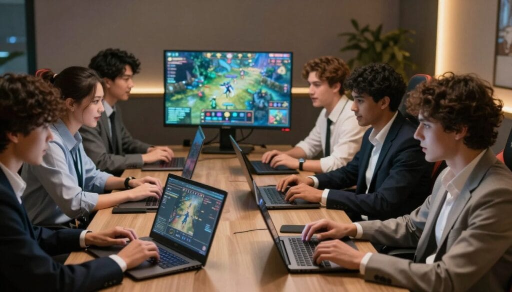 A vibrant, engaging scene depicting a diverse group of players in professional business attire seated around a large table, immersed in a gaming session. In the foreground, close-up characters are intensely focused on their laptops, showcasing a mix of excitement and determination. The middle ground features a large monitor displaying a colorful, engaging game interface filled with raid-related graphics. Behind them, a modern gaming room with ambient lighting casts a warm glow, enhancing the mood of camaraderie and strategy. Use soft, focused lighting on the players while a slight blur in the background maintains attention on the action. This image captures the essence of connection and teamwork in a raid-hosting scenario, evoking a sense of urgency and collaboration. A vibrant, engaging scene depicting a diverse group of players in professional business attire seated around a large table, immersed in a gaming session. In the foreground, close-up characters are intensely focused on their laptops, showcasing a mix of excitement and determination. The middle ground features a large monitor displaying a colorful, engaging game interface filled with raid-related graphics. Behind them, a modern gaming room with ambient lighting casts a warm glow, enhancing the mood of camaraderie and strategy. Use soft, focused lighting on the players while a slight blur in the background maintains attention on the action. This image captures the essence of connection and teamwork in a raid-hosting scenario, evoking a sense of urgency and collaboration.