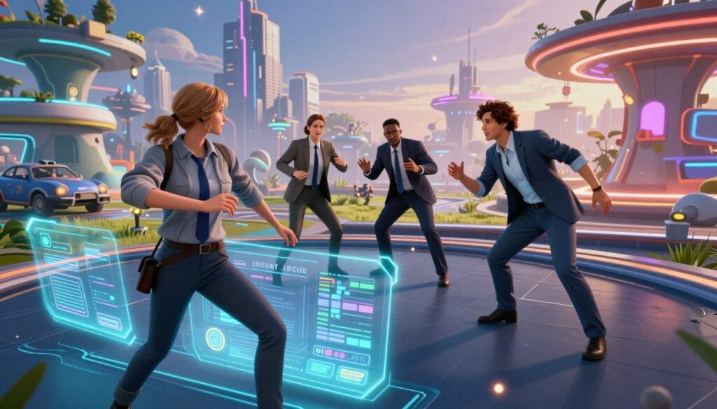 A vibrant, immersive 3D gaming environment showcasing multiplayer features, featuring a diverse group of three characters in professional attire, engaged in an action-packed scene. The foreground highlights a dynamic character model interacting with a stylized 3D interface, glowing with holographic buttons and menus. In the middle, two additional characters collaborate and strategize, surrounded by intricately designed game elements like virtual landscapes, vehicles, and structures, exuding a sense of teamwork and excitement. The background showcases a sprawling digital cityscape with vibrant neon lights, under a twilight sky that enhances the futuristic mood. Soft lens flares and ambient lighting create an engaging atmosphere, emphasizing a world where players unleash their creativity without the need for coding.