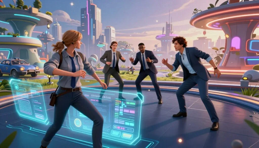 A vibrant, immersive 3D gaming environment showcasing multiplayer features, featuring a diverse group of three characters in professional attire, engaged in an action-packed scene. The foreground highlights a dynamic character model interacting with a stylized 3D interface, glowing with holographic buttons and menus. In the middle, two additional characters collaborate and strategize, surrounded by intricately designed game elements like virtual landscapes, vehicles, and structures, exuding a sense of teamwork and excitement. The background showcases a sprawling digital cityscape with vibrant neon lights, under a twilight sky that enhances the futuristic mood. Soft lens flares and ambient lighting create an engaging atmosphere, emphasizing a world where players unleash their creativity without the need for coding.