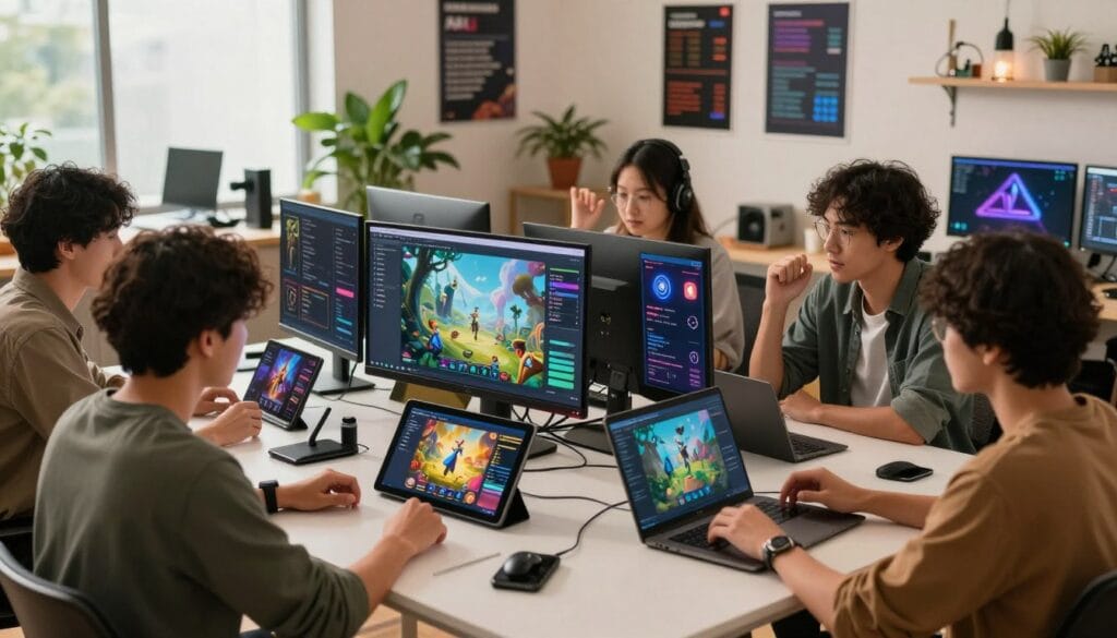 A vibrant mobile gaming scene set in a cozy modern workspace. In the foreground, a diverse group of young professionals collaborates around a sleek table filled with gaming devices, tablets, and laptops displaying colorful game prototypes. The characters are dressed in smart casual attire, expressing enthusiasm and creativity through their gestures. In the middle ground, various browser game graphics and mobile app interfaces are showcased, illustrating a blend of fantasy and adventure themes. The background reveals a well-lit, open space with motivational posters related to game development and coding, accompanied by plants that add freshness. Soft, natural lighting cascades through large windows, creating a warm and inspiring atmosphere, capturing the essence of innovation and collaboration in mobile game creation.