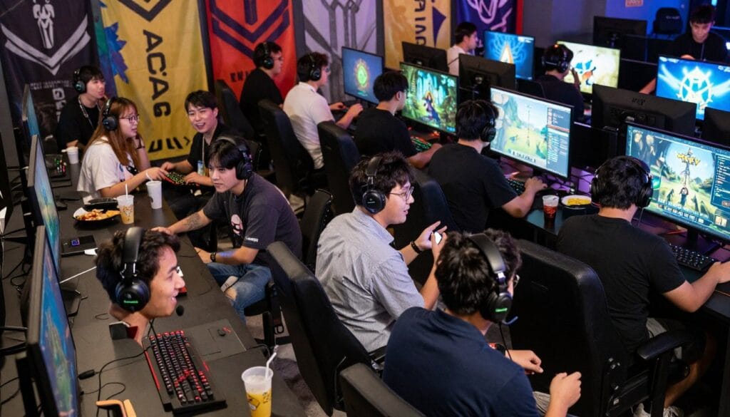 A vibrant party scene in a bustling gaming lobby, filled with diverse players grouped around multiple large screens. In the foreground, a well-dressed group is animatedly discussing strategies, with players wearing professional gaming headsets and casual yet polished attire. In the middle ground, tables host snacks and drinks, while players engage in friendly banter, their expressions showing excitement and camaraderie. The background showcases colorful banners and screens displaying raid-themed artwork and game logos, illuminated by soft, atmospheric lighting that creates an inviting ambiance. The overall mood is energetic and collaborative, capturing the essence of teamwork and excitement in a gaming environment, angled from a slightly elevated perspective to highlight the engagement among players. A vibrant party scene in a bustling gaming lobby, filled with diverse players grouped around multiple large screens. In the foreground, a well-dressed group is animatedly discussing strategies, with players wearing professional gaming headsets and casual yet polished attire. In the middle ground, tables host snacks and drinks, while players engage in friendly banter, their expressions showing excitement and camaraderie. The background showcases colorful banners and screens displaying raid-themed artwork and game logos, illuminated by soft, atmospheric lighting that creates an inviting ambiance. The overall mood is energetic and collaborative, capturing the essence of teamwork and excitement in a gaming environment, angled from a slightly elevated perspective to highlight the engagement among players.
