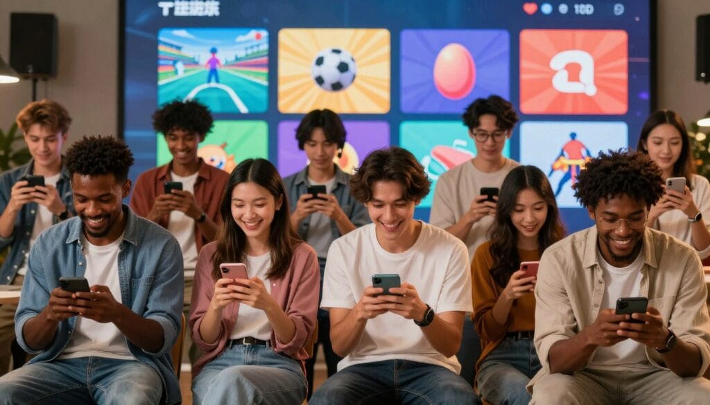 A vibrant scene depicting a diverse group of enthusiastic players engaged in popular mobile sports and lifestyle games. In the foreground, showcase a joyful multi-ethnic group of young adults, dressed in comfortable, stylish casual wear, each intently focused on their smartphones. The middle ground features elements representative of various mobile games, like virtual reality sports balls and lifestyle icons subtly integrated into the scene. The background should illustrate a large digital screen displaying colorful graphics of trending mobile game titles. Use warm, inviting lighting to create an energetic and lively atmosphere, with a slightly blurred depth-of-field to emphasize the players' expressions and interactions. The angle should be dynamic, slightly above eye level, capturing both excitement and camaraderie.