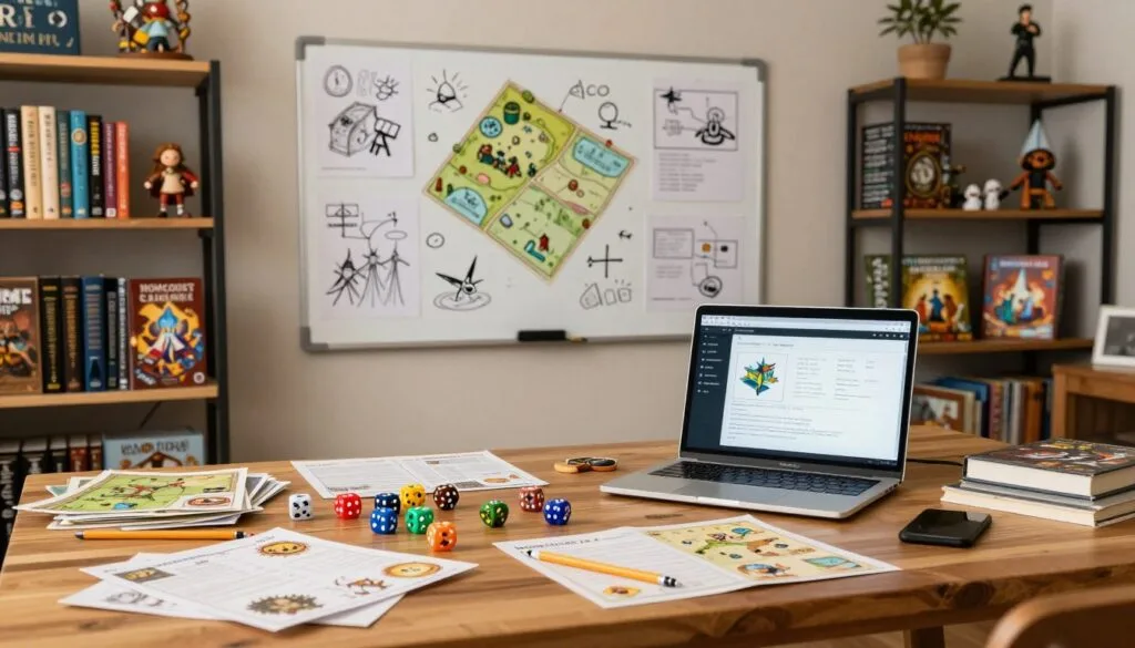 A vibrant workspace filled with RPG tools and narrative creation elements. In the foreground, a wooden table cluttered with colorful dice, character sheets, pencils, and an open laptop showcasing a no-code RPG engine interface. In the middle, a wall-mounted whiteboard covered in imaginative sketches, maps, and storyline outlines, representing collaborative game design. The background features shelves filled with fantasy novels, board games, and figurines, adding depth. Soft, warm lighting illuminates the space, creating a cozy atmosphere. The angle is slightly above eye level, capturing the immersive environment of a creative brainstorming session. The mood is inspiring and whimsical, inviting viewers to explore their creativity in game making.