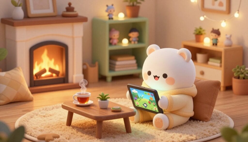 A whimsical room filled with cozy decor, featuring a warm fireplace and soft pillows scattered around. In the foreground, a cute cartoonish character with a joyful expression, wearing cozy pajamas, sits on a plush rug, absorbed in playing an idle game on a tablet. The middle layer includes a charming wooden coffee table with a steaming cup of tea and a small plant. In the background, colorful shelves display miniature figurines and soft fairy lights, enhancing the cozy atmosphere. The image is softly illuminated by warm, ambient light, creating a serene and relaxing mood. The angle is slightly elevated to capture the character’s focused expression, emphasizing the joy of low-stress gaming.