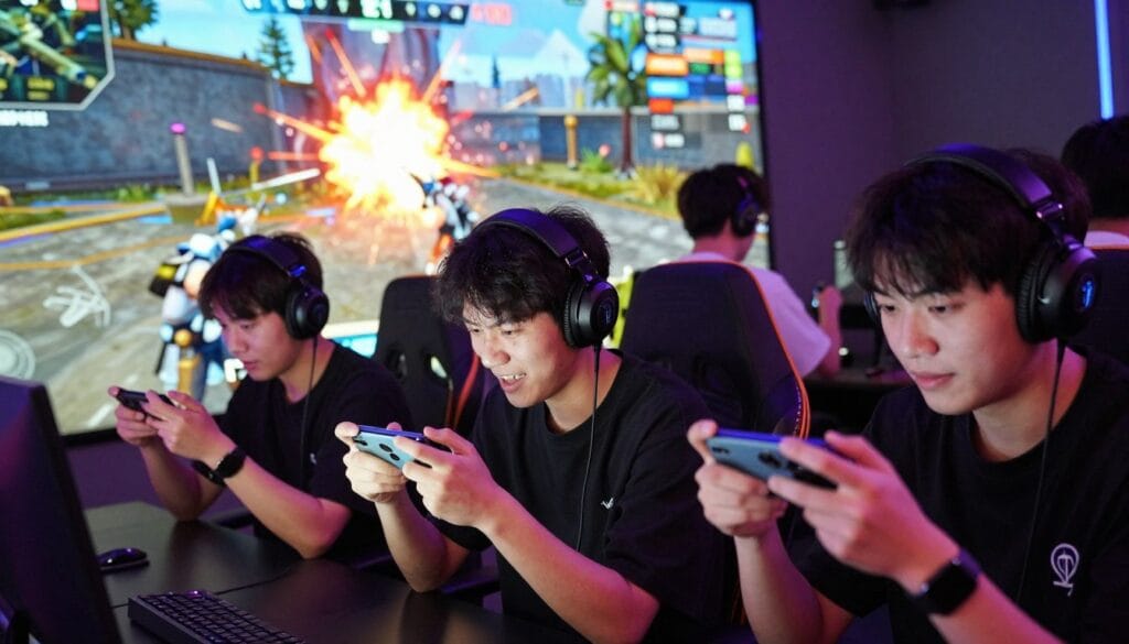 Dynamic scene showcasing diverse FPS action players in a vibrant gaming environment. In the foreground, a group of three players, intently focused on their mobile devices, are dressed in stylish, casual clothing. Their expressions reflect excitement and determination, with their hands poised over their screens. In the middle ground, a digital battlefield unfolds, featuring iconic elements from popular mobile FPS games—explosions, cover points, and virtual interfaces—creating an immersive atmosphere. In the background, soft lighting creates a dramatic effect, casting a colorful glow reminiscent of gaming neon lights. The image conveys a sense of adrenaline and camaraderie among the players, capturing the thrill of competitive gaming. The angle should be slightly above the players’ heads, emphasizing the action-packed nature of the moment while showcasing the dynamic environment around them.